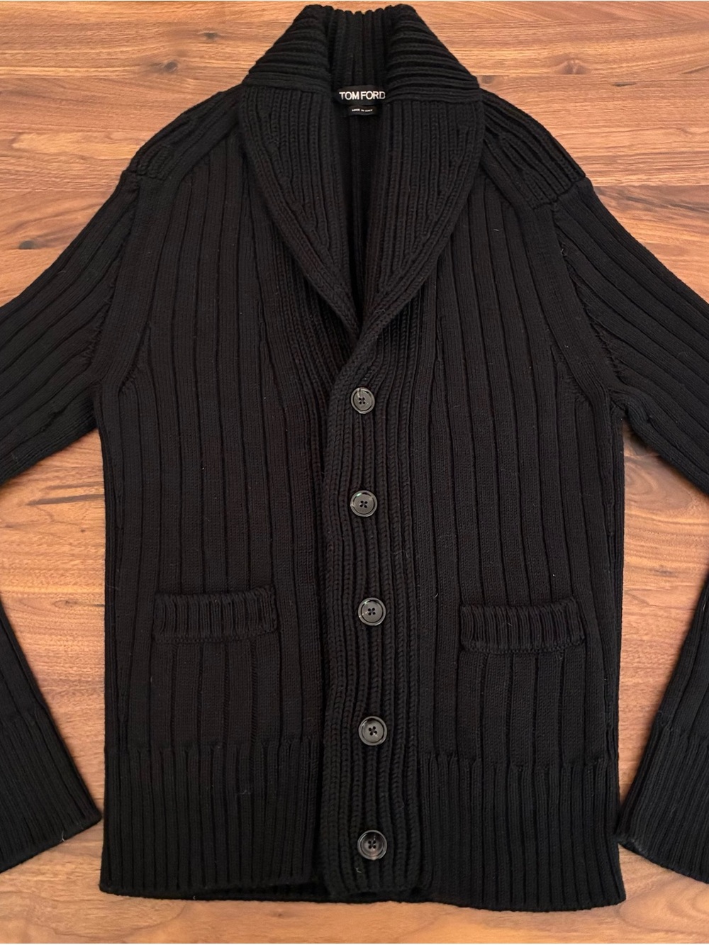 Tom Ford Black Ribbed Shawl-Collar Button Cardigan